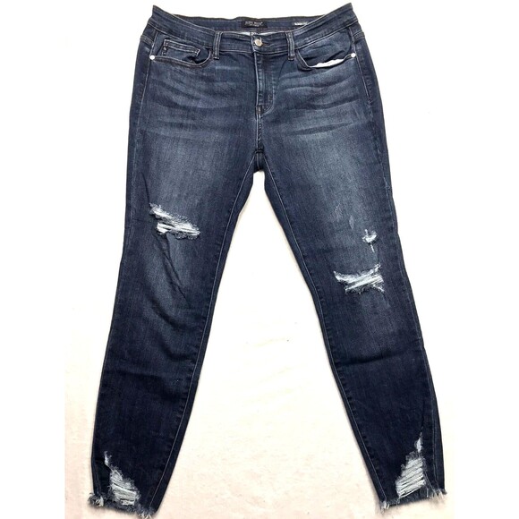 Judy Blue Denim - JUDY BLUE Skinny Jeans Women 34x28 Slim Fit Dark Wash Blue Distressed Fray Cuff